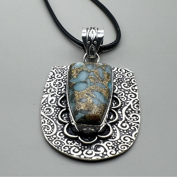 New Copper Larimar Stone Prong Set Silver Overlay Pendant Necklace with Cord - Picture 5 of 5